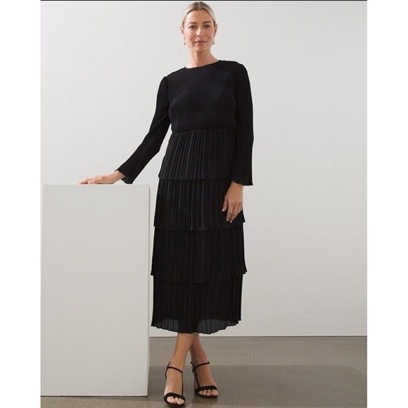 Chicos NWT Black Label Tiered Pleated Dress Black Long Sleeve Midi Size 16 - Picture 1 of 12